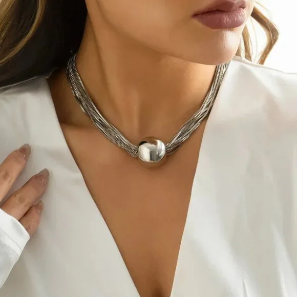 Silver Twisted Multi Chain Exaggerated Sphere Ball Statement Choker Necklace NEW - Picture 4 of 4